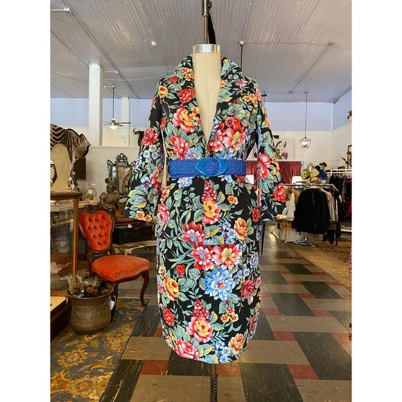 1980s denim skirt and jacket bright flower print 80s fashion 2 piece jean sm - Picture 10 of 10